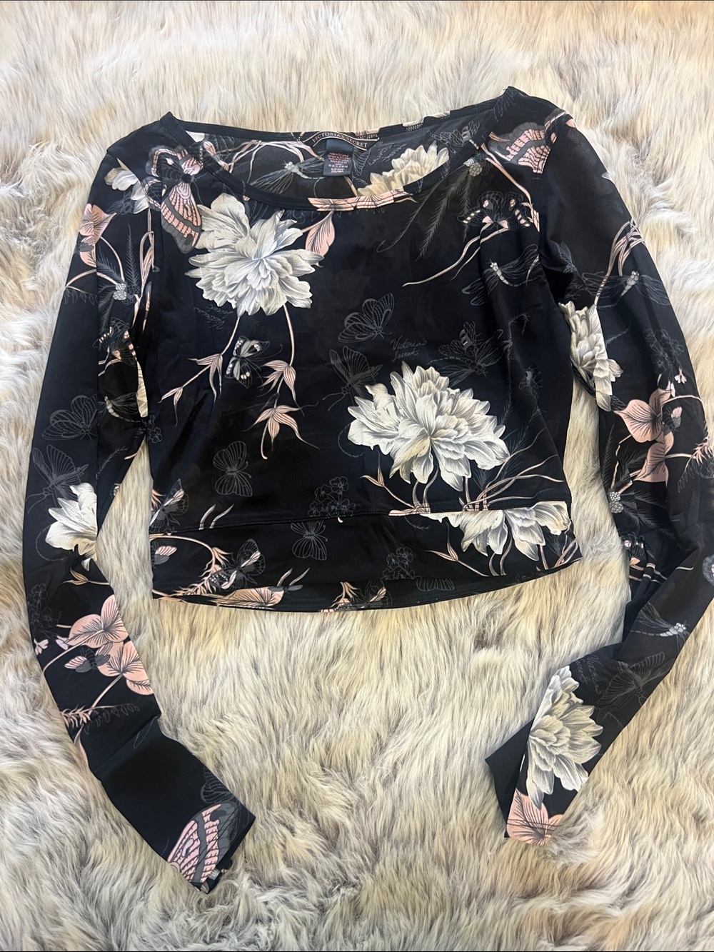Victoria's Secret Black Floral Long Sleeve Crop Top NWOT